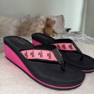 Lauren Ralph Lauren Black and Pink Wedge Sandals